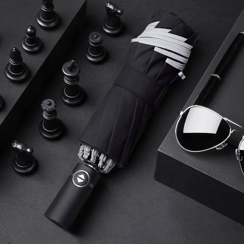 Automatic reverse umbrella open showing black waterproof canopy with aluminium ribs
