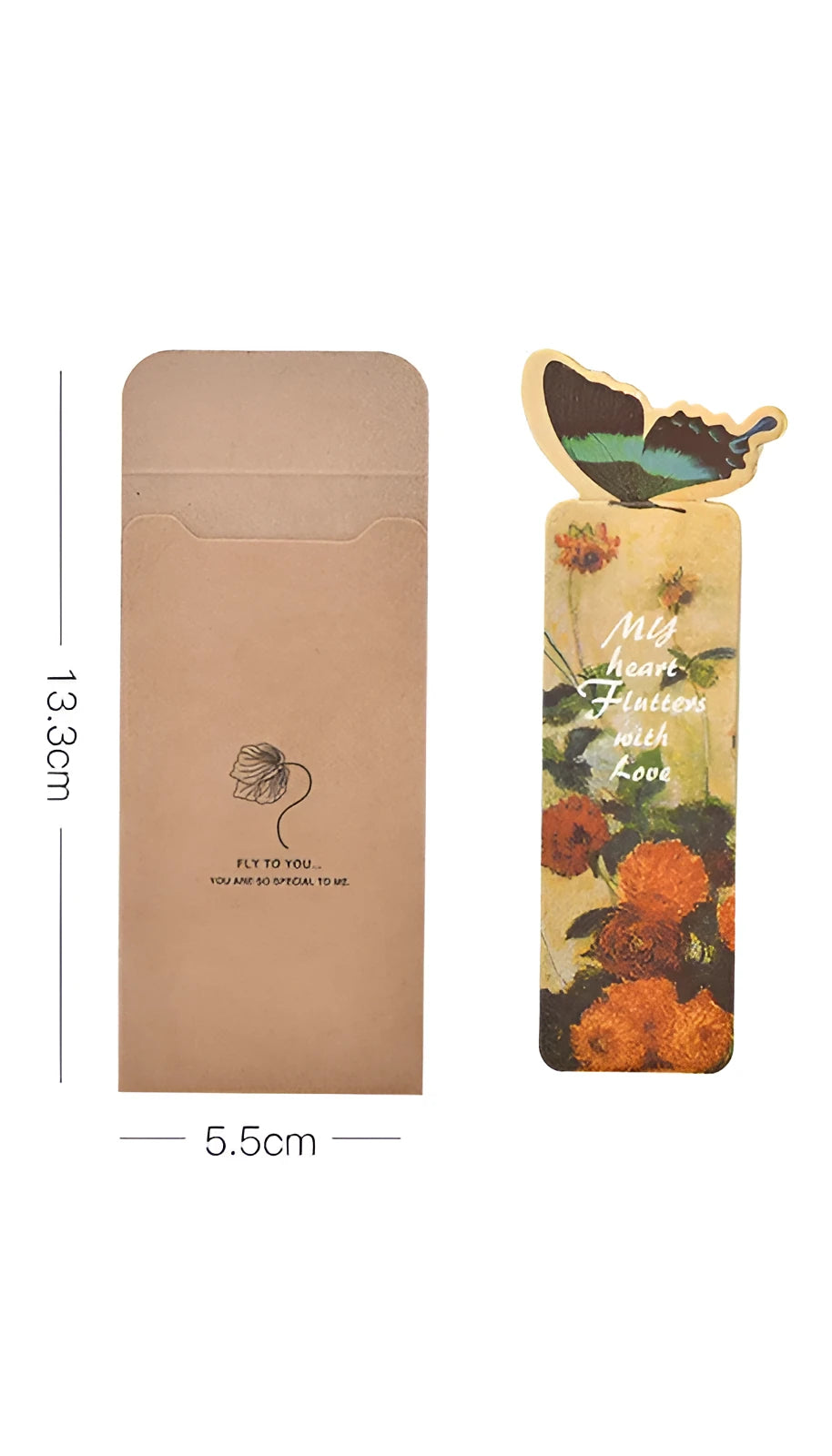 Decorative butterfly-shaped paper bookmark with colourful design, measuring 13.5cm by 5.5cm.