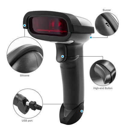 Black wireless handheld barcode scanner with USB interface