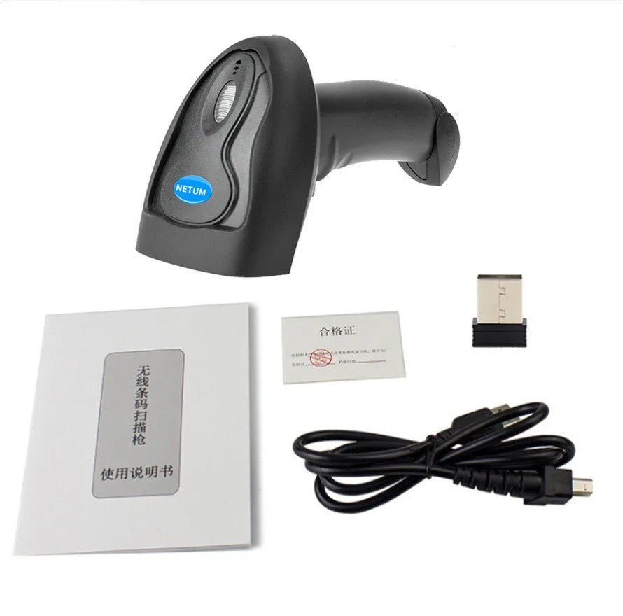 Black wireless handheld barcode scanner with USB interface