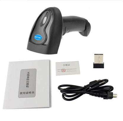 Black wireless handheld barcode scanner with USB interface