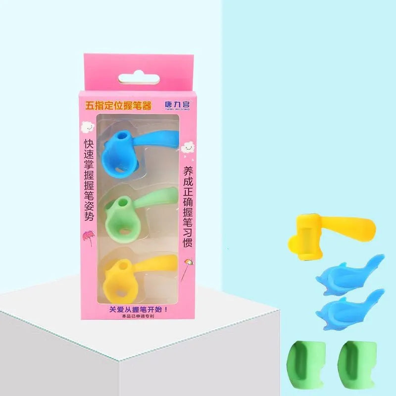 Children's adjustable pencil grip orthosis showing finger placement on writing instrument