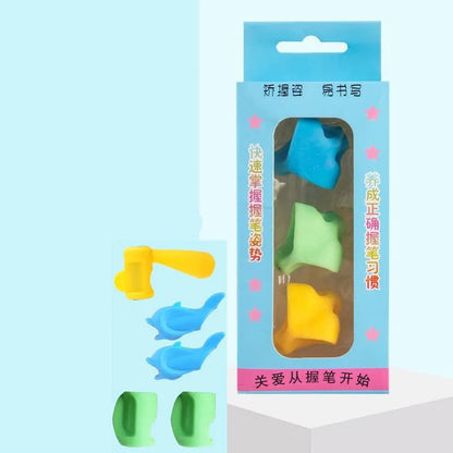 Children's adjustable pencil grip orthosis showing finger placement on writing instrument