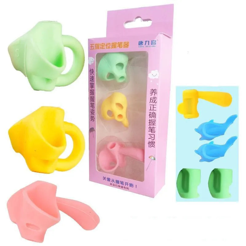 Children's adjustable pencil grip orthosis showing finger placement on writing instrument