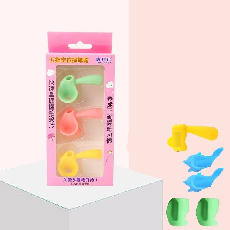 Children's adjustable pencil grip orthosis showing finger placement on writing instrument