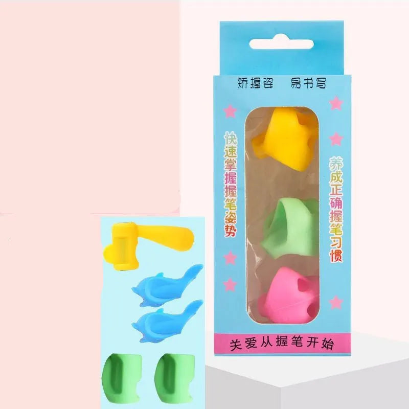Children's adjustable pencil grip orthosis showing finger placement on writing instrument