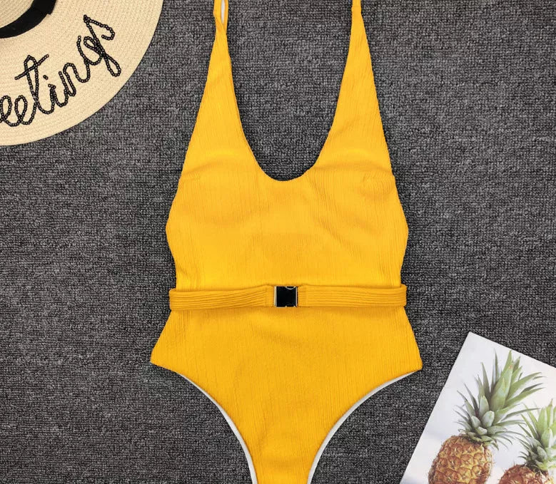 Women's solid color one-piece swimsuit with belt buckle in various colors