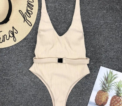 Women's one-piece swimsuit in solid colour polyester with belt buckle, tight fit, available in six colours and sizes S M L