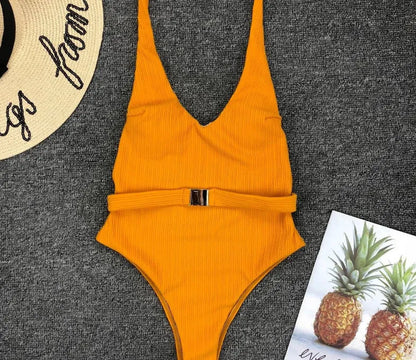 Women's one-piece swimsuit in solid colour polyester with belt buckle, tight fit, available in six colours and sizes S M L