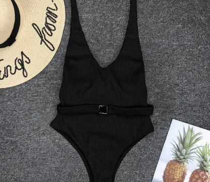 Women's one-piece swimsuit in solid colour polyester with belt buckle, tight fit, available in six colours and sizes S M L
