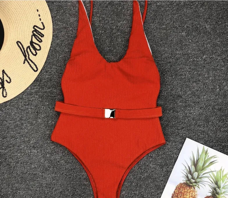 Women's one-piece swimsuit in solid colour polyester with belt buckle, tight fit, available in six colours and sizes S M L