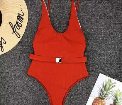 Women's solid color one-piece swimsuit with belt buckle in various colors