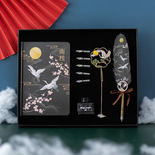 Chinese feather pen set with 36 pens in four colours, metal sheath, and Jianhegui notebook for calligraphy