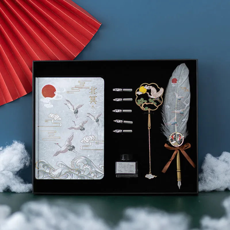 Chinese feather pen set with 36 pens in four colours, metal sheath, and Jianhegui notebook for calligraphy