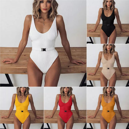 Women's solid color one-piece swimsuit with belt buckle in various colors