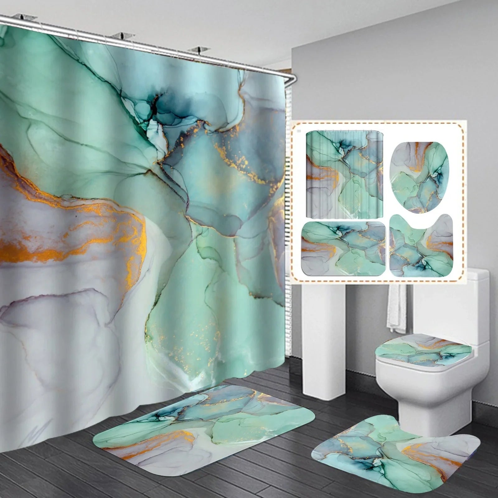 3D geometric pattern shower curtain set with matching flannel bath mats in modern design for UK bathrooms