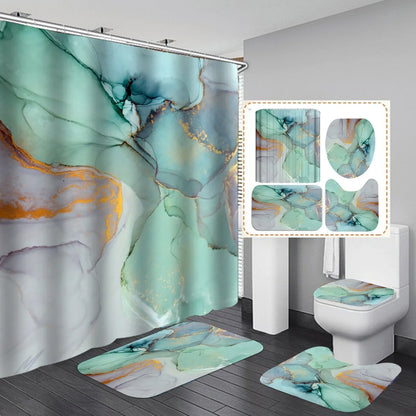 3D geometric pattern shower curtain set with matching flannel bath mats in modern design for UK bathrooms