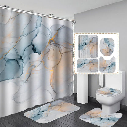 3D geometric pattern shower curtain set with matching flannel bath mats in modern design for UK bathrooms