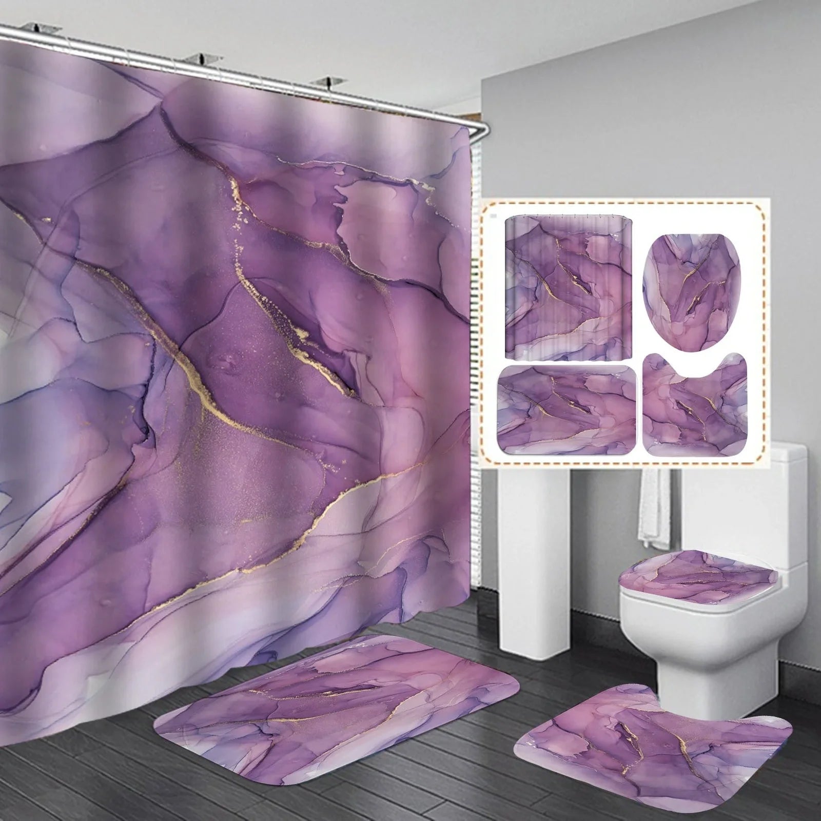 3D geometric pattern shower curtain set with matching flannel bath mats in modern design for UK bathrooms
