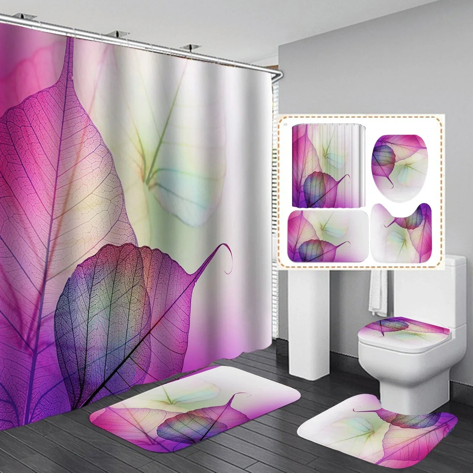 3D geometric pattern shower curtain set with matching flannel bath mats in modern design for UK bathrooms