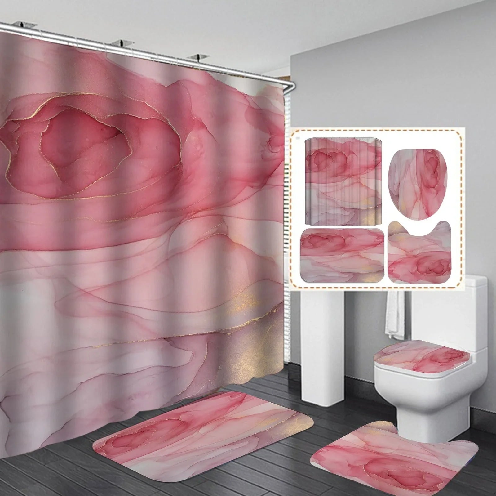 3D geometric pattern shower curtain set with matching flannel bath mats in modern design for UK bathrooms