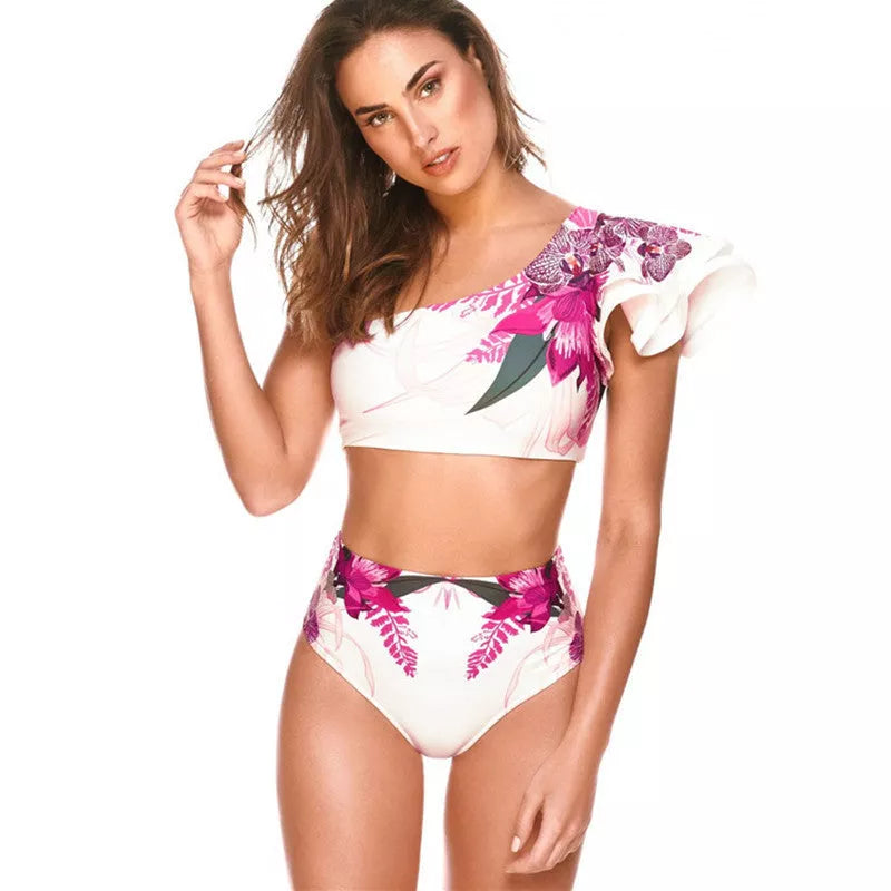 Women's high waist floral print bikini with chest pad for swimming and beachwear