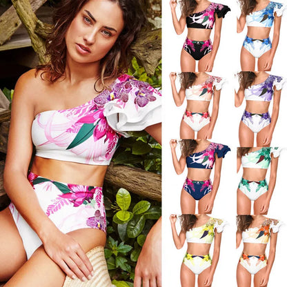 Women's high waist floral print bikini with chest pad for swimming and beachwear