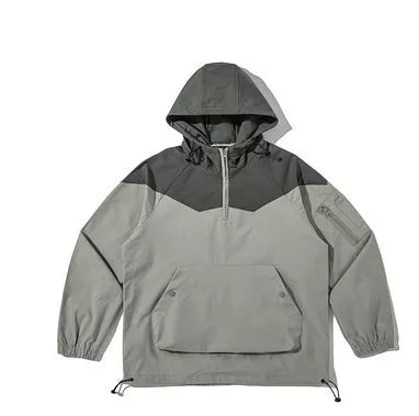 Color Matching Tooling Hooded Pullover Jacket for Men and Women in light blue and gray green