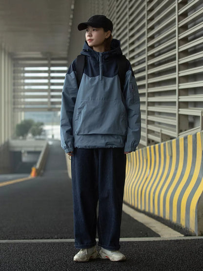 Color Matching Tooling Hooded Pullover Jacket for Men and Women in light blue and gray green