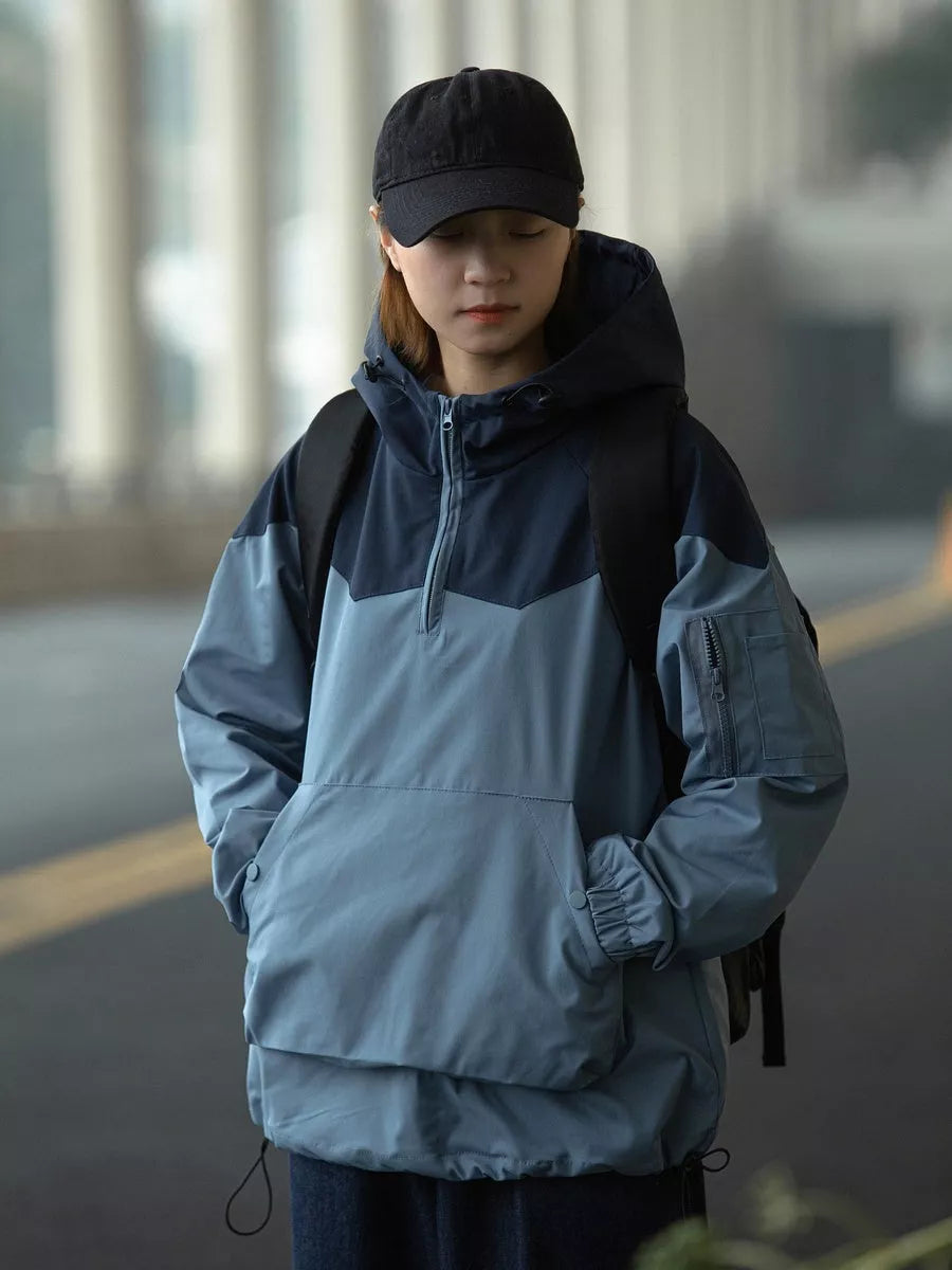 Color Matching Tooling Hooded Pullover Jacket for Men and Women in light blue and gray green