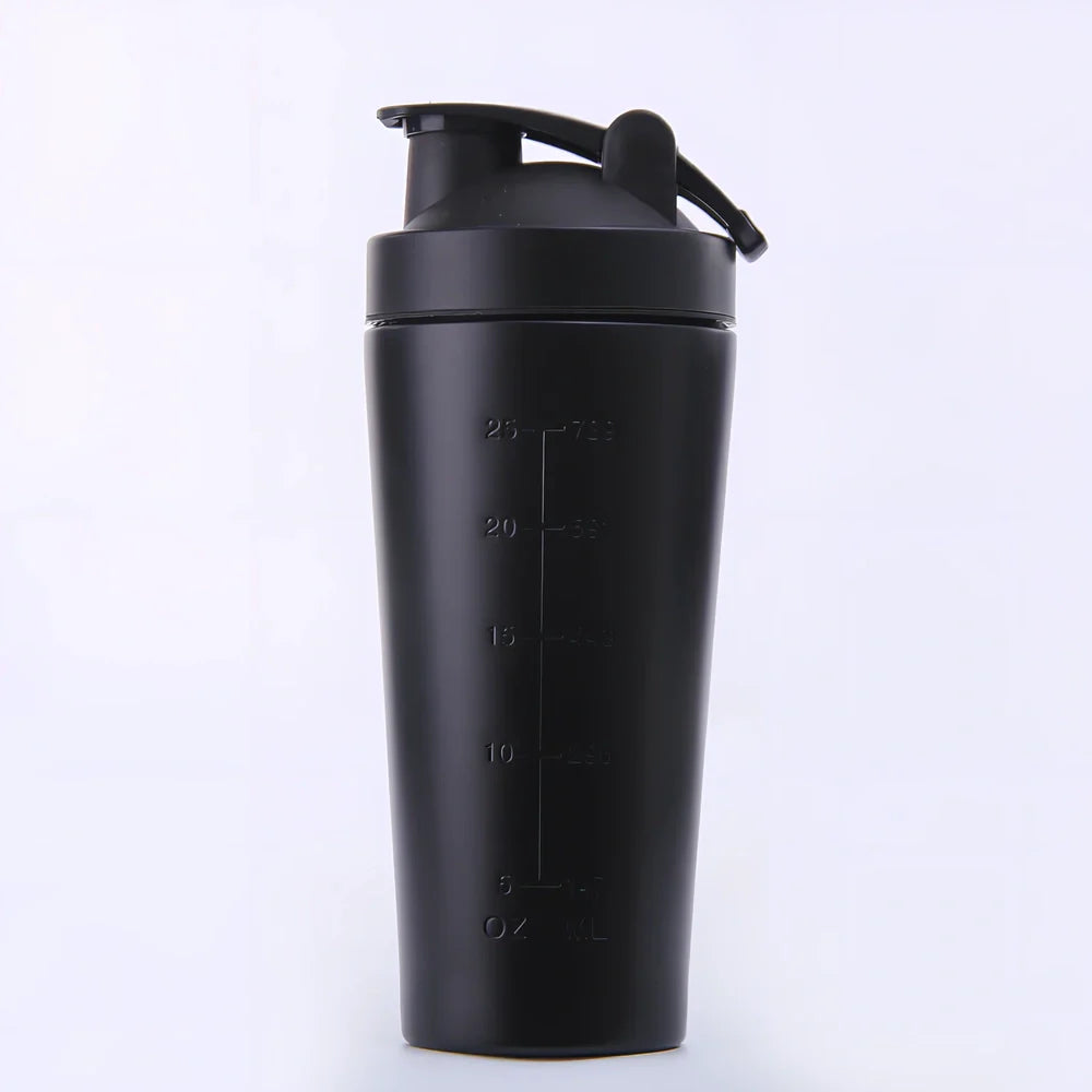 1L black stainless steel protein shaker cup with mixing ball and screw lid for fitness use