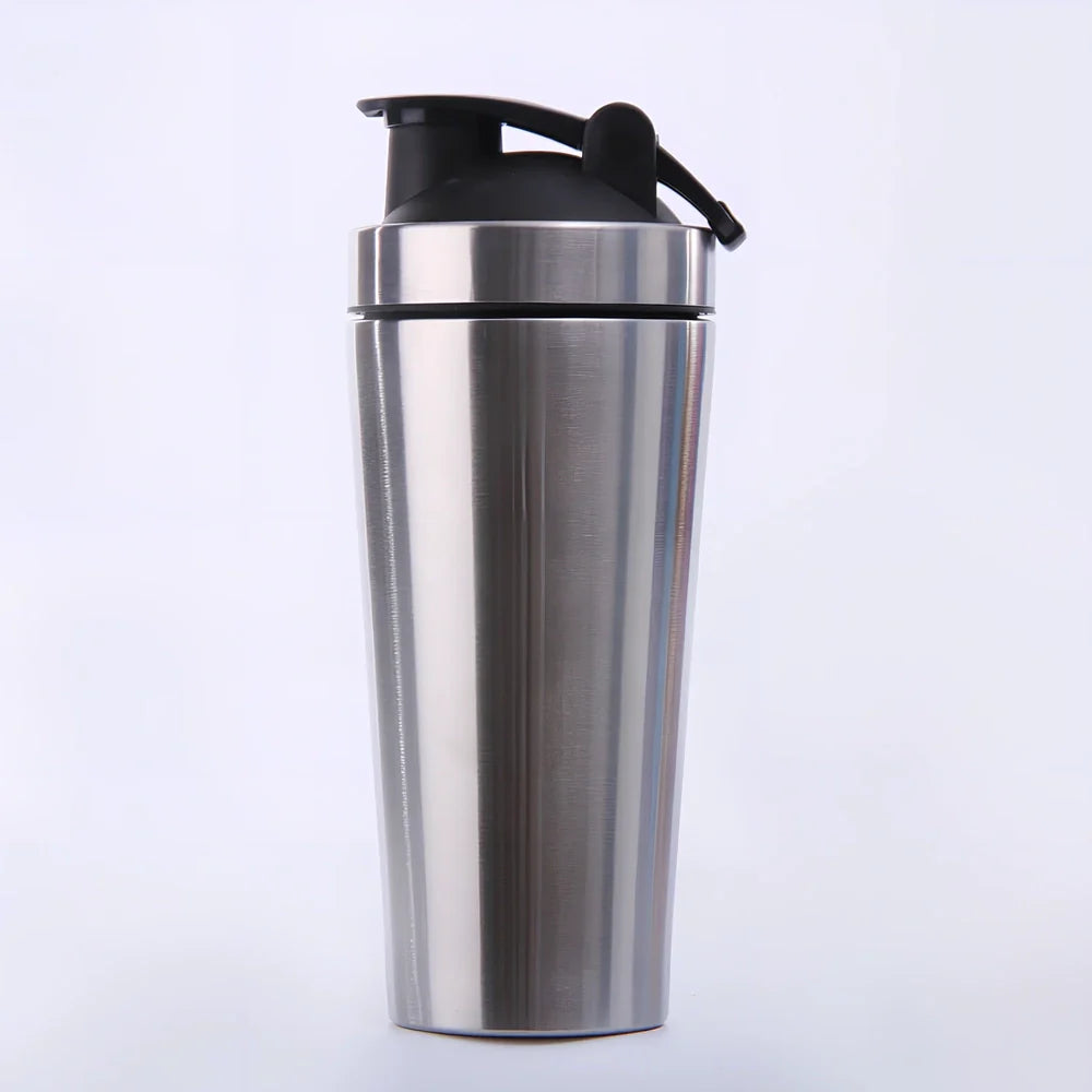 1L black stainless steel protein shaker cup with mixing ball and screw lid for fitness use