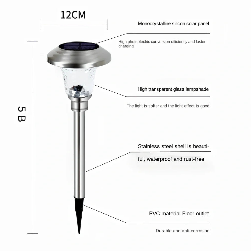 Solar lawn light with stainless steel construction for garden pathway illumination