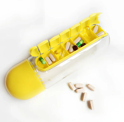 Two-in-one water cup with attached 7-day pill organiser showing daily compartments and screw-top lid