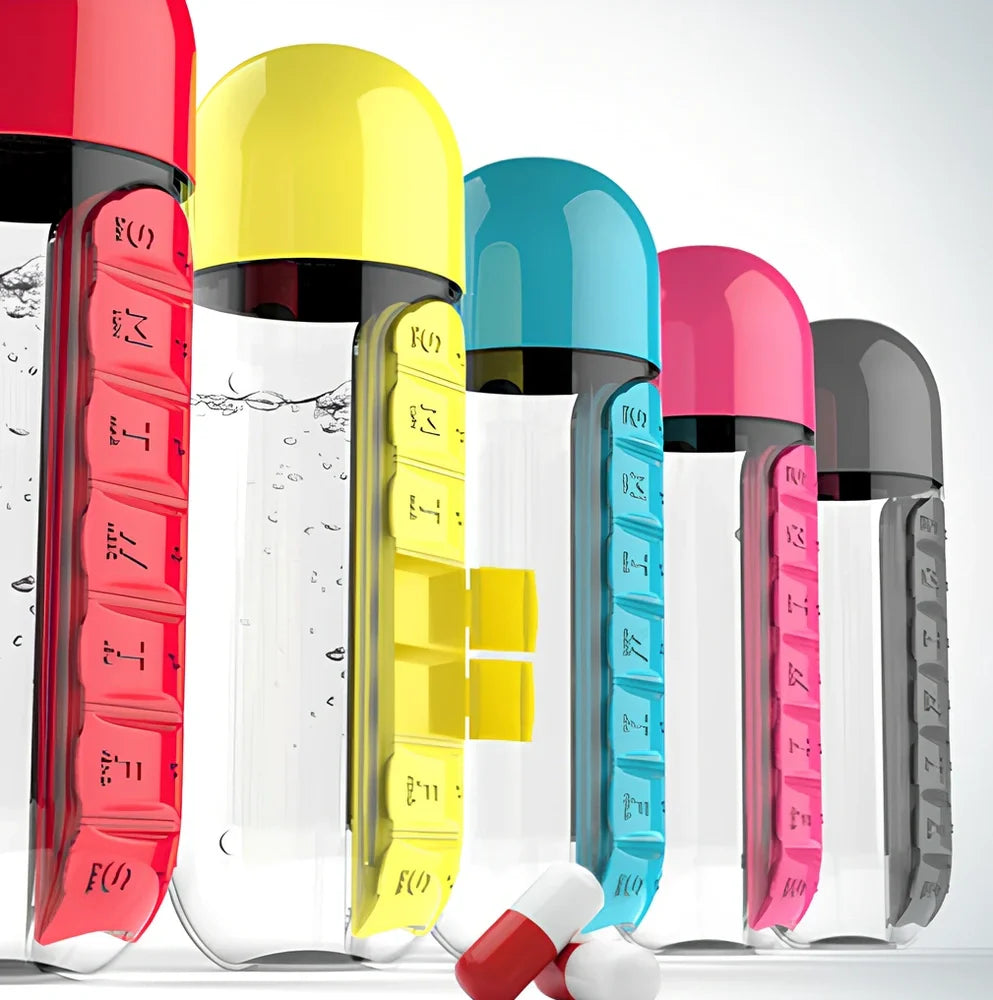 Two-in-one water cup with attached 7-day pill organiser showing daily compartments and screw-top lid