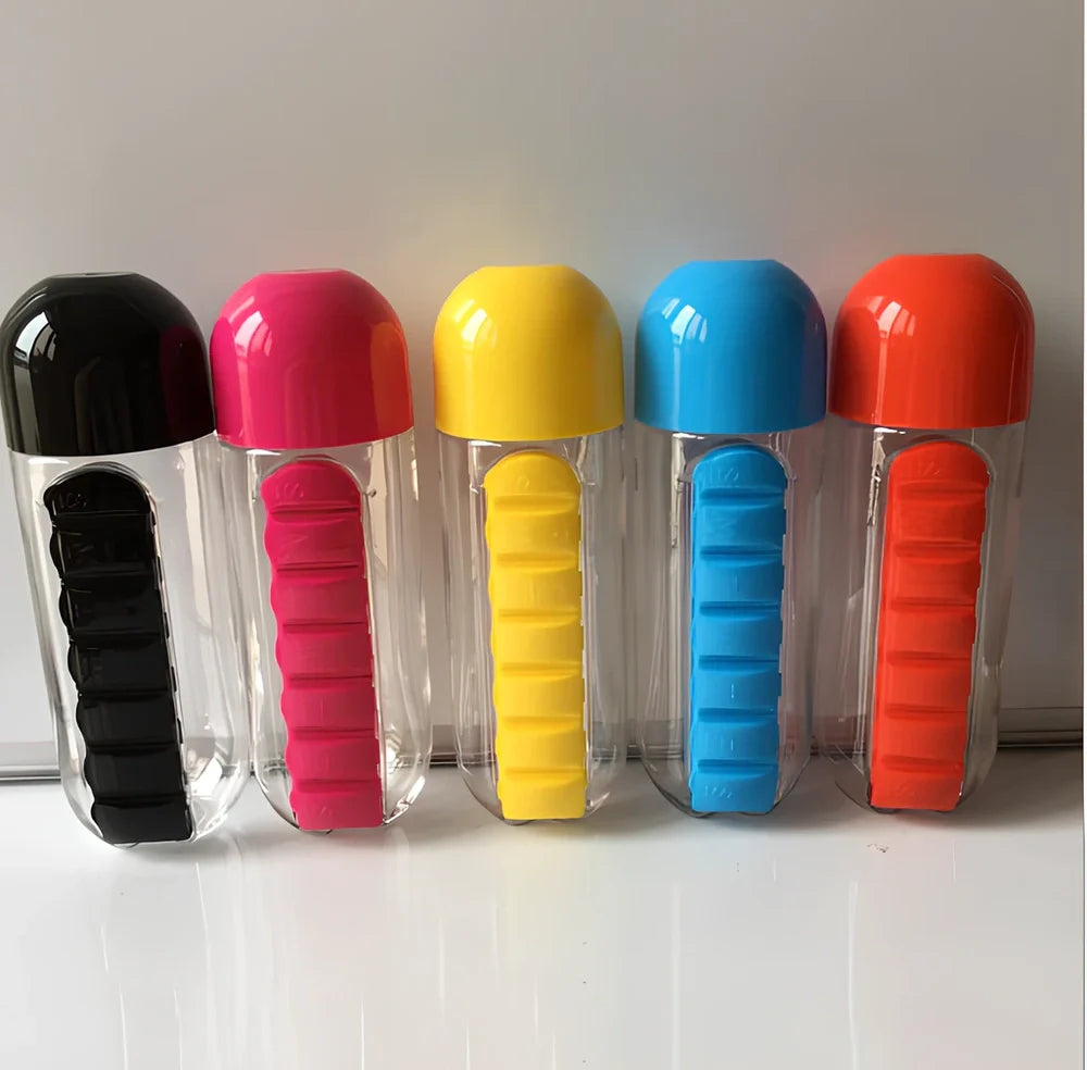 Two-in-one water cup with attached 7-day pill organiser showing daily compartments and screw-top lid
