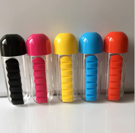 Two-in-one water cup with attached 7-day pill organiser showing daily compartments and screw-top lid
