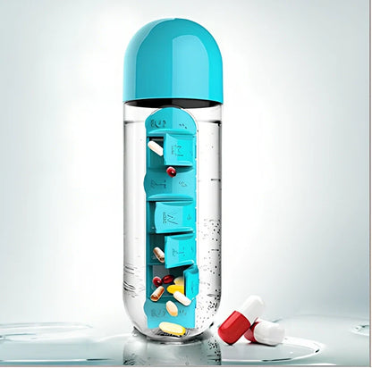 Two-in-one water cup with attached 7-day pill organiser showing daily compartments and screw-top lid