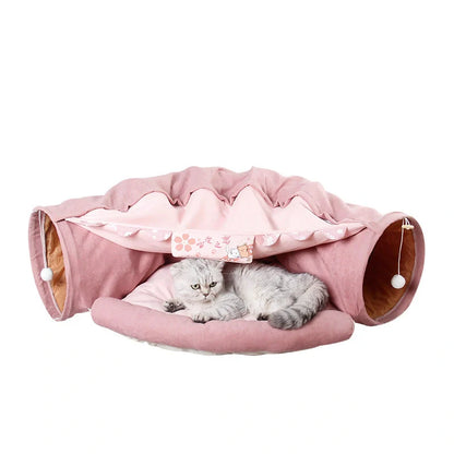 Collapsible cat tunnel with mat in various colors for interactive play and rest