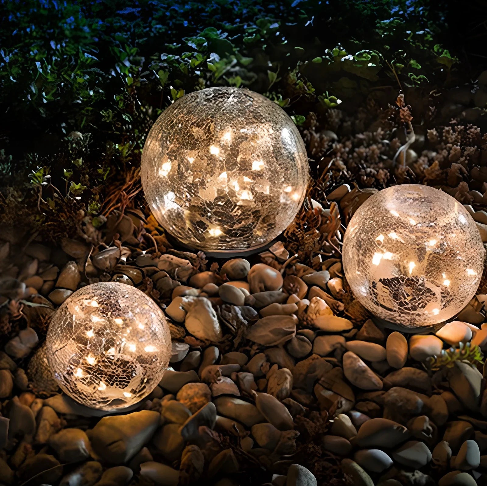 Cracked glass ball LED solar light, 10cm size with warm white glow for garden paths, waterproof and ground stake included
