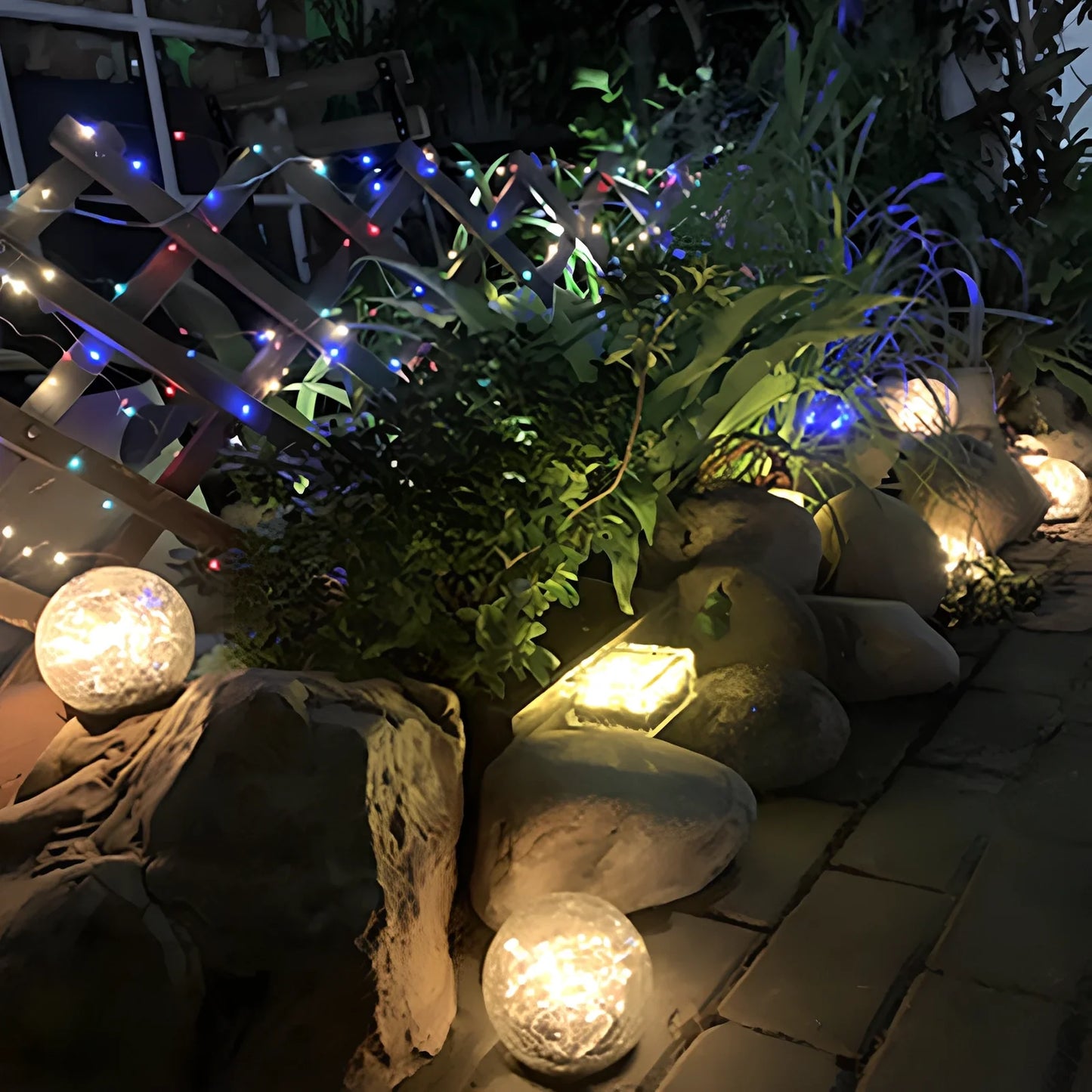 Cracked glass ball LED solar light, 10cm size with warm white glow for garden paths, waterproof and ground stake included