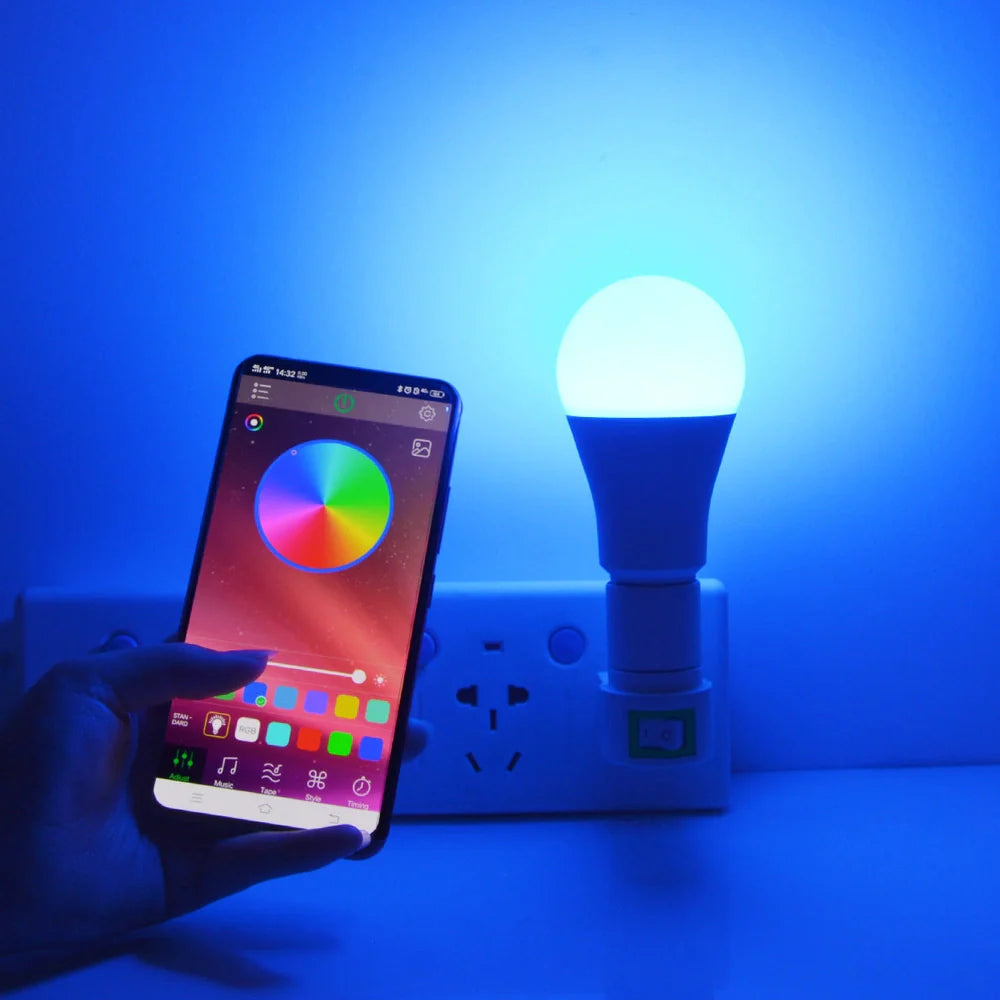 Smart LED light bulb with E27 fitting showing 12cm length and Bluetooth/remote control options