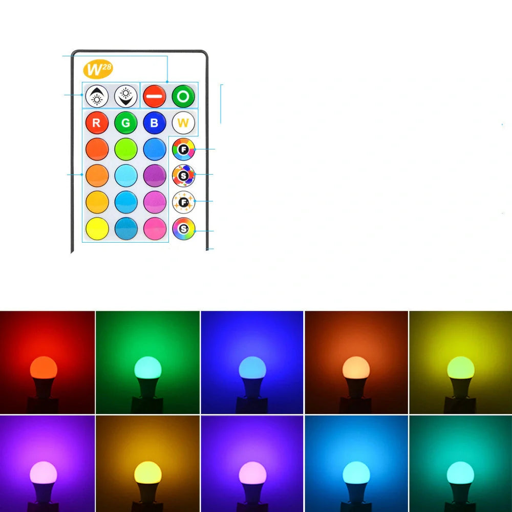 Smart LED light bulb with E27 fitting showing 12cm length and Bluetooth/remote control options