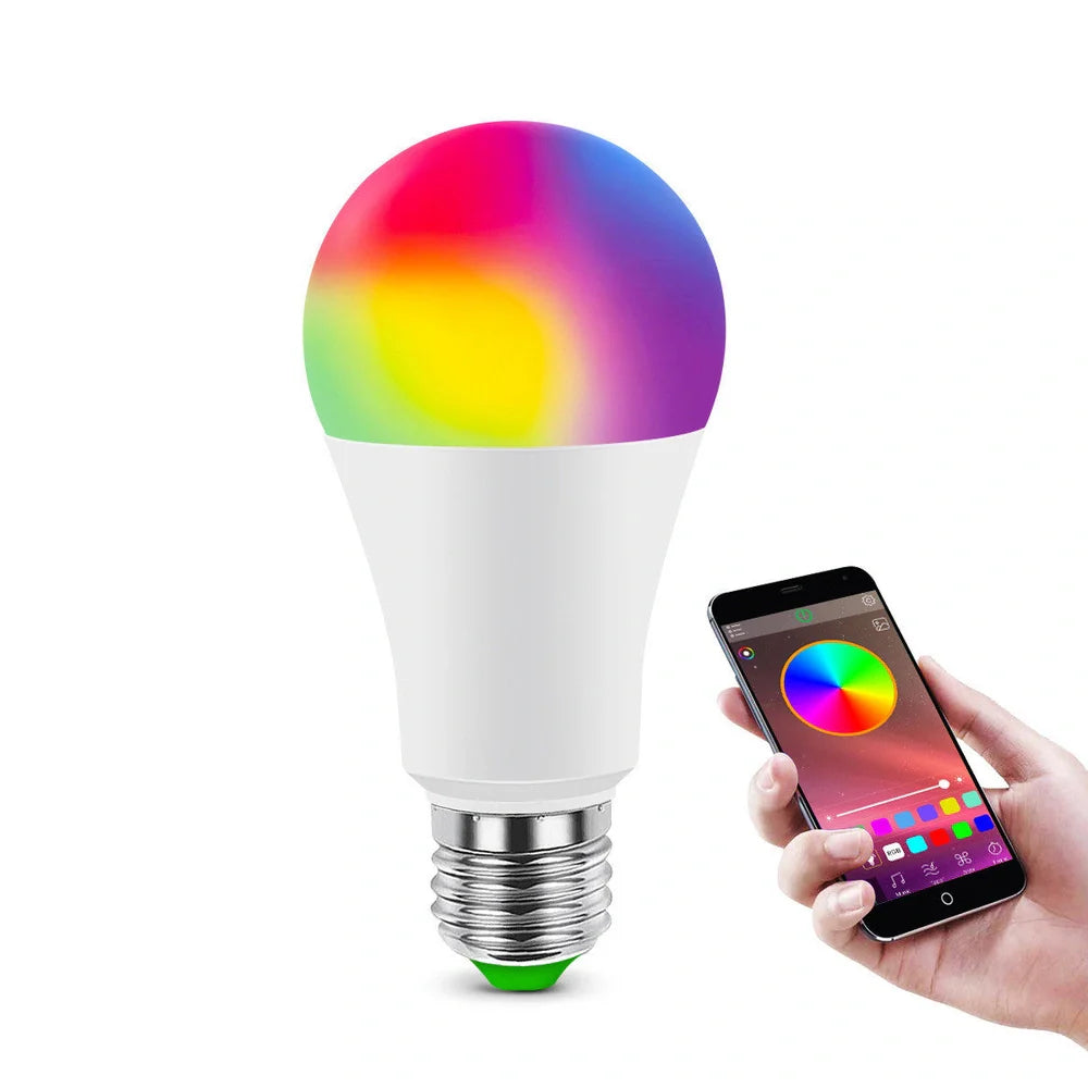Smart LED light bulb with E27 fitting showing 12cm length and Bluetooth/remote control options