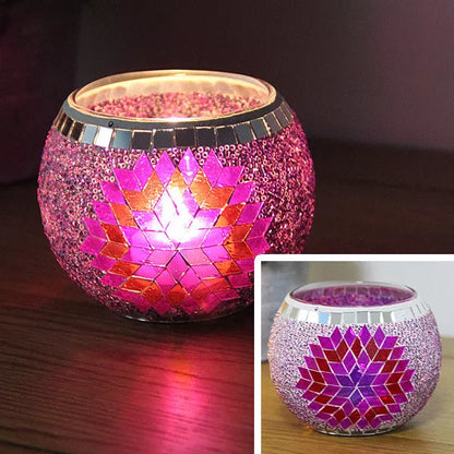 Mosaic glass candle holder in vibrant colors with elegant mosaic pattern