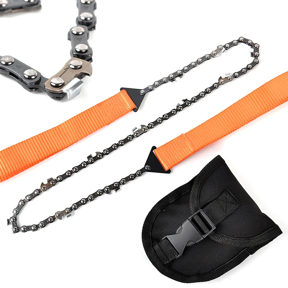 Manganese steel chain saw with portable handle showing black and orange colour options