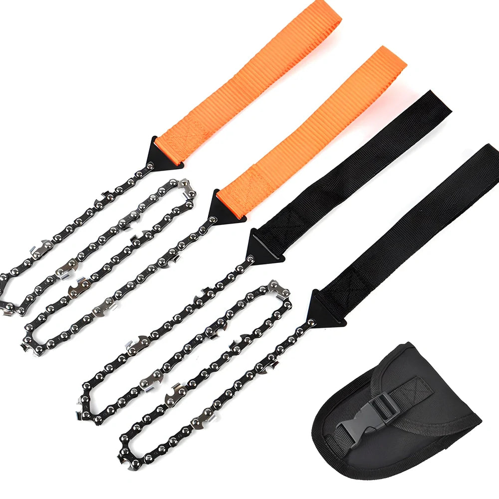 Manganese steel chain saw with portable handle showing black and orange colour options