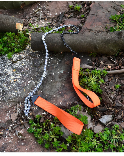 Manganese steel chain saw with portable handle showing black and orange colour options