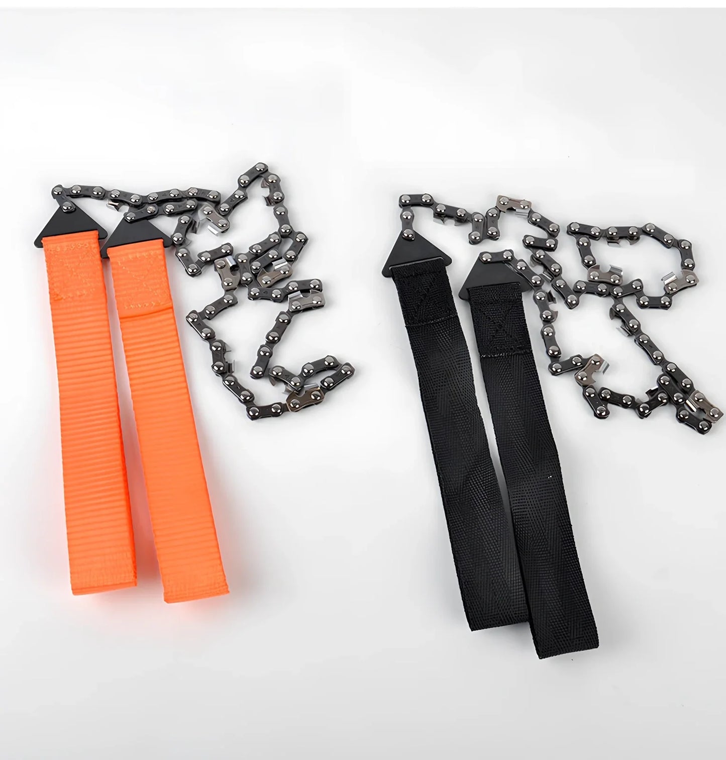 Manganese steel chain saw with portable handle showing black and orange colour options