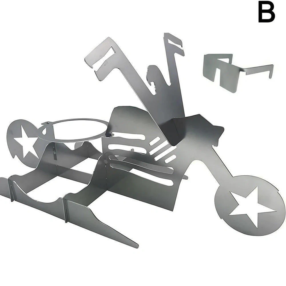 Steel motorcycle-shaped chicken roasting rack holding upright chicken with beer can on barbecue grill